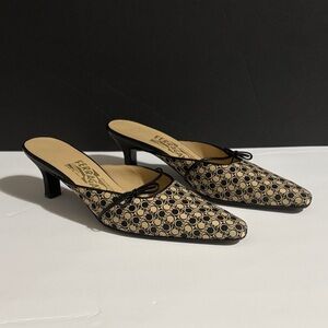 Salvatore Ferragamo Black and Cream Patterned Mules